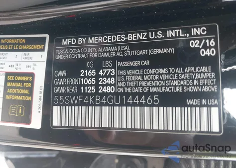 2016 Mercedes-Benz C 300 4Matic/Luxury 4Matic/Sport 4Matic from USA, damaged, VIN 55SWF4KB4GU144465